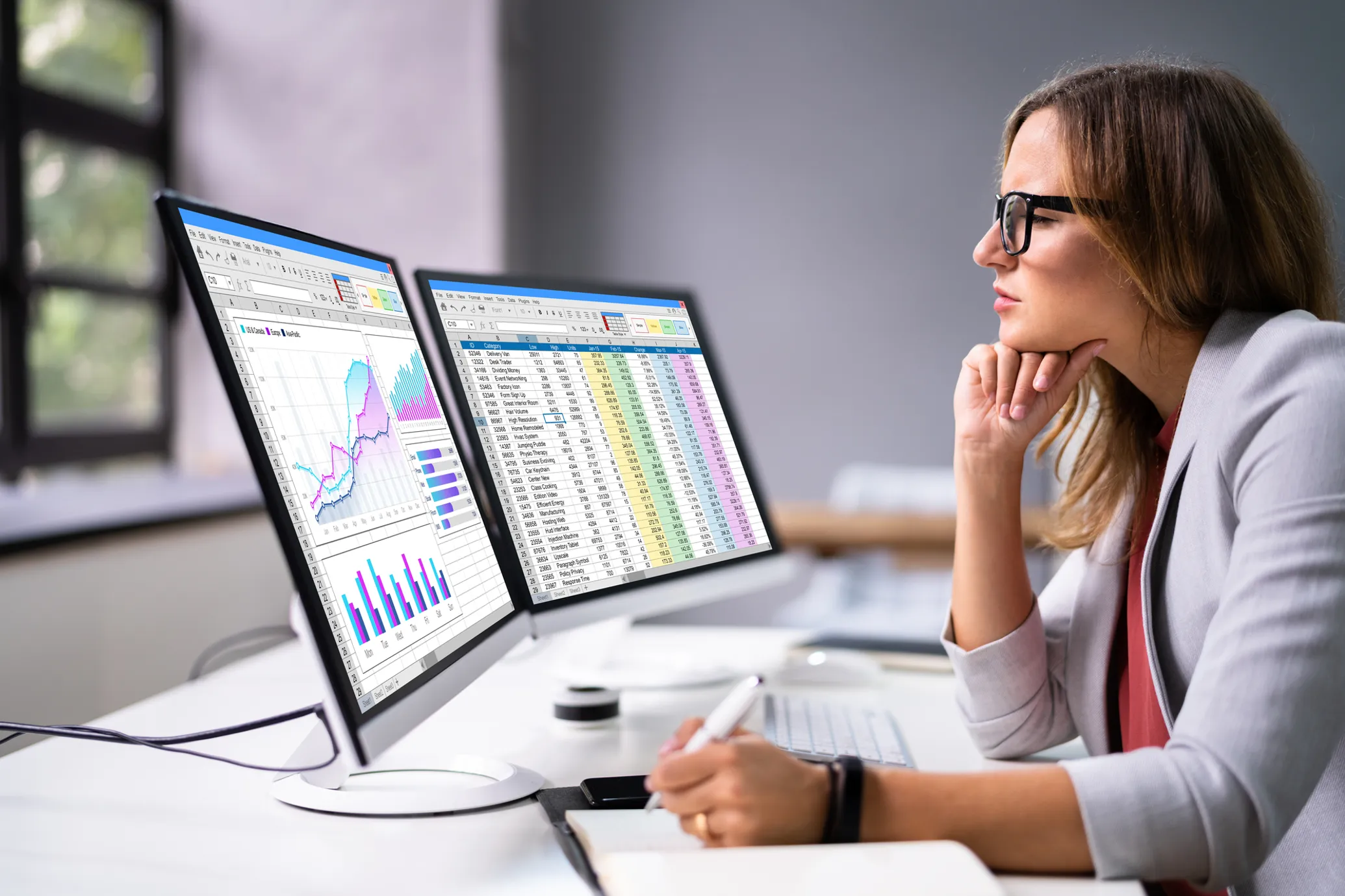 Young woman scrutinizing charts on a monitor